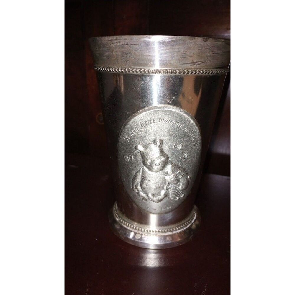 Winnie the Pooh metal vase w “New little someone to Love” medallion 6” H 4” D
